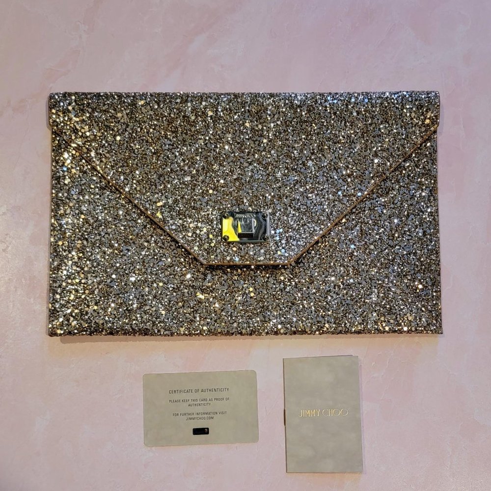 Jimmy Choo Envelope Clutch in Antique Gold Glitter